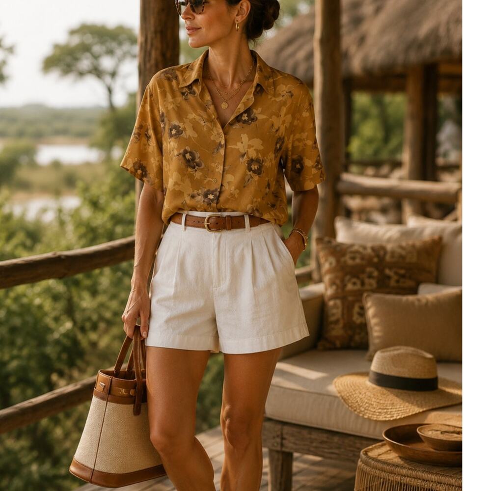Vintage Jones New York 100% Silk Floral Button Front Blouse Tan Brown 18W